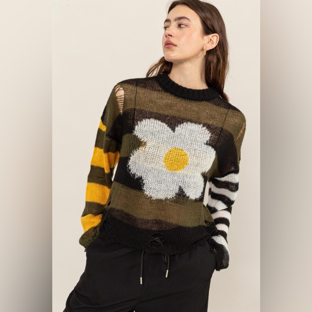 Flower Power Striped  Floral Sweater - Black, Yellow, White